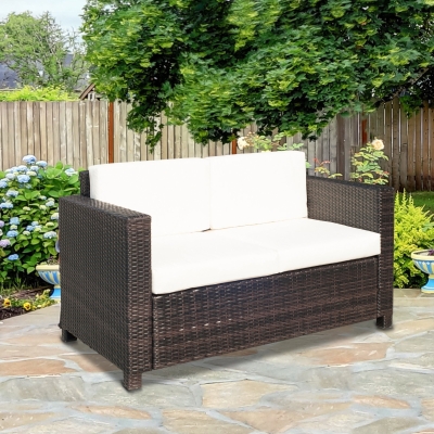 Outsunny Wicker 2 Seater Rattan Sofa Outdoor Garden Wicker Weave Furniture Patio 2-Seater Double Couch Loveseat-Brown