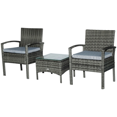 Outsunny Ensemble salon de jardin 2 personnes 3 pièces 2 fauteuils avec coussins gris + table basse plateau verre trempé résine tressée