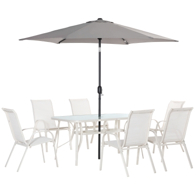 Outsunny Sitzgruppe 8 tlg. Balkonset mit Sonnenschirm Essgruppe aus Aluminium Balkonmöbel 1 Tisch+6 Stühle Gartenmöbel Set für Garten Terrasse Sitzgarnitur Cremeweiß+Hellgrau