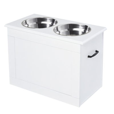 PawHut Hunde Fressnapf mit Staumraum 2 Näpfen Futterstation Edelstahlnapf Katzenapf MDF Edelstahl Weiß 60 x 30 x 41 cm