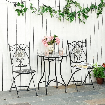 Outsunny Garten Sitzgruppe 3-teilige Mosaiktisch+2 faltbare Stühle Metall Keramikfliese