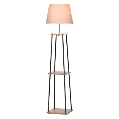HOMCOM Leuchtständer mit 3 Regalen, Stehlampe, Kiefernholz, Leinen, Metall, Natur, Schwarz, Beige, 40 x 40 x 160 cm