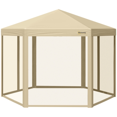 Outsunny Tonnelle barnum de jardin Pop-up pliant hexagonal avec paroi latérale en maille, hauteur réglable et sac de transport à roulettes, beige