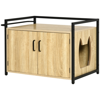 PawHut Casa para Gatos de Madera Mueble Arenero para Gatos 2 en 1 con Armario de Almacenaje Encimera Amplio 2 Puertas Orificio de Entrada Lateral y Barra de Colgar 82,3x51x54 cm Natural