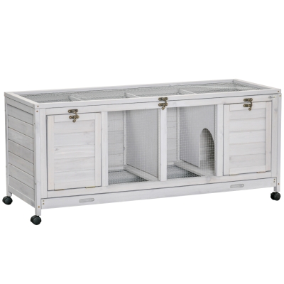 PawHut Wooden Rabbit Hutch, Mobile Guinea Pig Cage, Separable Bunny Run, Small Animal House for Indoor Outdoor with Wheels, Slide-out Tray, 138 x 53 x 61cm, Light Grey