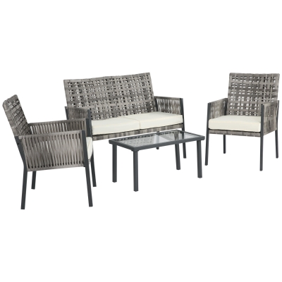 Outsunny Ensemble salon de jardin contemporain 4 pièces 4 personnes avec canapé 2 places, fauteuils et table basse plateau verre trempé métal