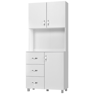 HOMCOM Armario Alacena de Cocina Alacena Alta con 3 Cajones 3 Puertas y Estantes Interiores Ajustables Mueble Auxiliar para Comedor Salón 80x39,5x183,5 cm Blanco
