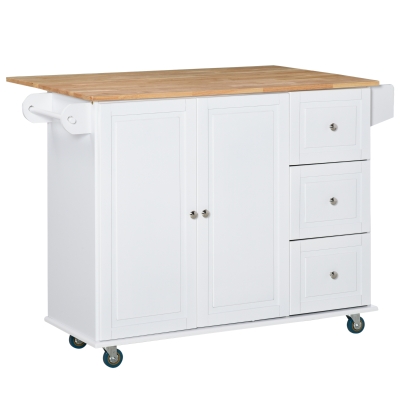 HOMCOM Carro de Cocina con Ruedas Carrito de Servicio con Encimera Extendida 3 Cajones 1 Armario con Estante Ajustable interior Barra de Colgar y Especiero 128,8x75,5x92,5 cm Blanco