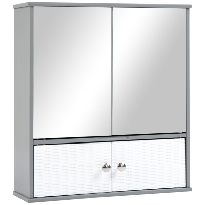 kleanklin Armário Casa de Banho com Espelho Móvel Suspenso de Casa de Banho com 4 Portas e 3 Prateleiras Interiores 55x17,5x60cm Branco e Cinza