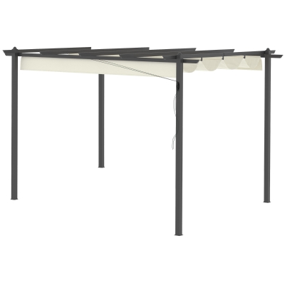 Outsunny Pérgola de Aluminio 4x3 m Cenador de Jardín con Techo Retráctil Tela de Poliéster y 8 Orificios de Drenaje para Patio Terraza Exterior Crema