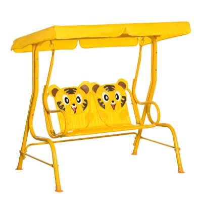 Outsunny kinderhangmat 2-zits kinderschommel met verstelbaar zonnedak tuinschommel voor 3-6 jaar kinderen metaal geel 110 x 74 x 113 cm