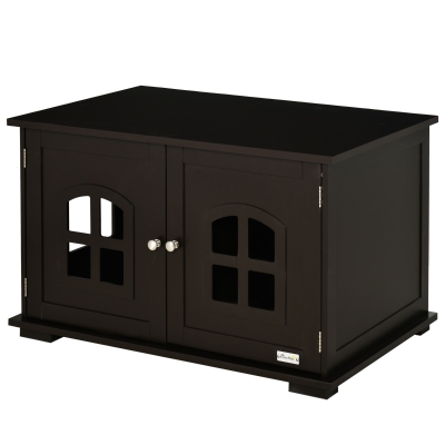 PawHut Casa para Gatos de Madera Mueble Arenero para Gatos 2 en 1 con Armario de Almacenaje Encimera Amplio 2 Puertas con Ventanas y Orificio de Entrada Lateral 80,3x52,6x48,8 cm Café