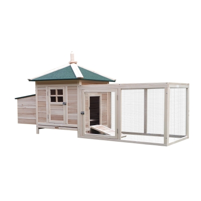 PawHut Zwerghühnerstall Zwerghühnerhaus mit Auslauf Stall mit Sitzstangen Nistkasten Wachtelstall Draußen Winterfest Kiefernholz Natur 196 x 76 x 97 cm