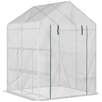 Outsunny kunststof kas met 4 planken en stalen frame, wit, 143 x 143 x 195 cm