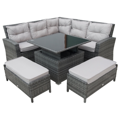 Outsunny 6 Pcs Dining Set W/PE Rattan Aluminium, 120W x 73D x 87Hcm-Grey Rattan Grey Covers