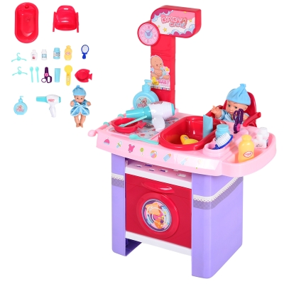 HOMCOM Cuidado de Muñeca para Niños de +3 Años Juguete de Imitacion Incluye 28 Piezas con Efecto de Sonido Educativo 52x30,5x72 cm Rosa
