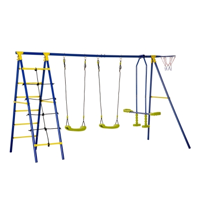 Outsunny Juego de Columpios Infantil de Metal con 2 Asientos Doble Balancín Escalera Torre de Escalada y Canasta Parque de Jardín para Niños +3 Años 315x138x175 cm Multicolor