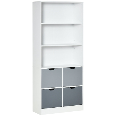 HOMCOM Estante de Livros com 4 Gavetas 3 Prateleiras de Armazenamento e Prateleira Ajustável Móvel Organizador para Escritório Sala de Estar Estúdio 76x30x173cm Branco e Cinza
