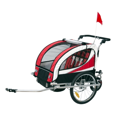 HOMCOM Remolque Infantil para Bicicleta de 2 Plazas Convertible en Carro de Paseo con Rueda Delantera Giratoria 360° Color Rojo