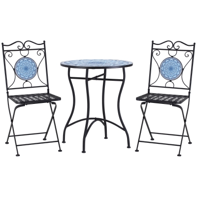 Outsunny Set da Giardino 3 Pezzi, Tavolino e 2 Sedie Pieghevoli con Mosaico, Blu