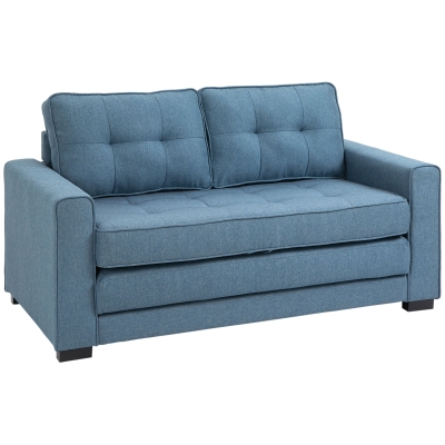 HOMCOM Ausziehbares Zweier-Sofa, Massivholz, Leinenoptik, Blau, 147,5 x 75 x 85 cm