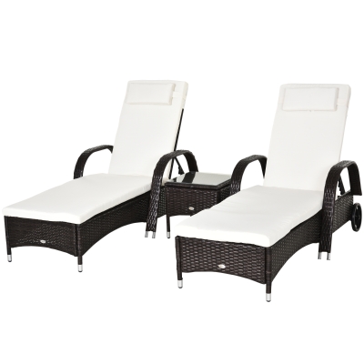 Outsunny Sonnenliege Gartenliege Tisch 3er-Set Gartenmöbel, Polyrattan+Metall Braun+Cremeweiß