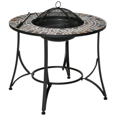 Outsunny Braciere da Esterno 3 in 1 con Tavolino, Griglia per Barbecue e Attizzatoio, Metallo e Ceramica, 75x75x60cm
