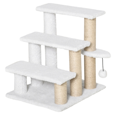 PawHut Haustiertreppe mit Kratzbaum Ball 3-stufige Katzentreppe Hundetreppe Tiertreppe Spanplatte Plüsch Jute Weiß 45 x 40 x 48 cm