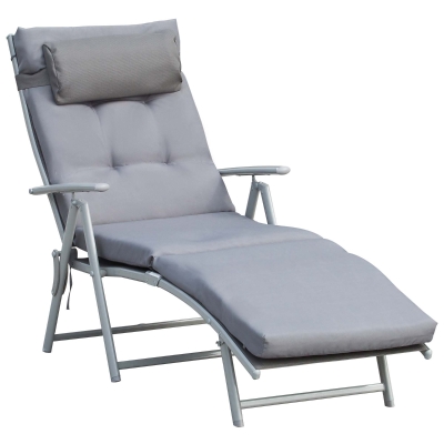 Outsunny Tumbona Plegable de Jardín con Respaldo Ajustable en 7 Posiciones Almohada y Cojín Acolchado para Terraza Piscina Exterior Carga Máx. 165 kg 137x63,5x100,5 cm Gris