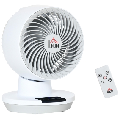 HOMCOM Ventilador de Escritorio 45 W Ventilación de Mesa con 3 Aspas Pantalla LED Oscilación de 55° 3 Velocidades Temporizador y Mando de Distancia Ø20,2x28,2 cm Blanco