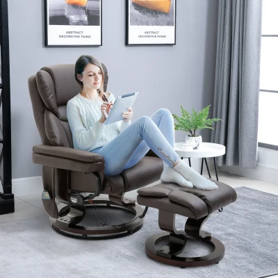HOMCOM fotel do masażu z pufą fotel relaksacyjny nachylenie 145° sztuczna skóra kolor brązowy 79 x 82 x 101 cm