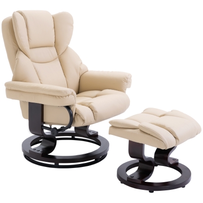HOMCOM Reclining Swivel Armchair Footstool Set Sofa Padded PU Leather Relaxing Manual Duo Metal Frame Bentwood Base Beige