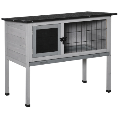 PawHut Elevated Fir Wood Rabbit Hutch Tray Openable Asphalt Roof Outdoor Pet Cage Grey