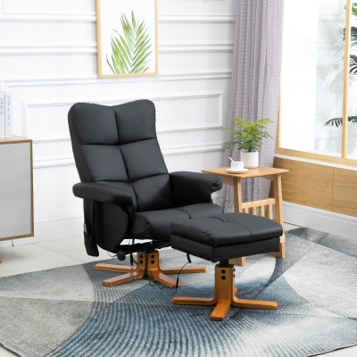 HOMCOM fotel do masażu z pufą fotel relaksacyjny nachylenie 145° sztuczna skóra kolor czarny 80 x 86 x 99 cm