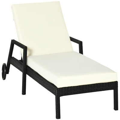 Outsunny Tumbona de Ratán de Jardín con Cojines Acolchados Respaldo Ajustable en 5 Posiciones 2 Ruedas y Tela Extraíble Lavable 67x196x51 cm Negro