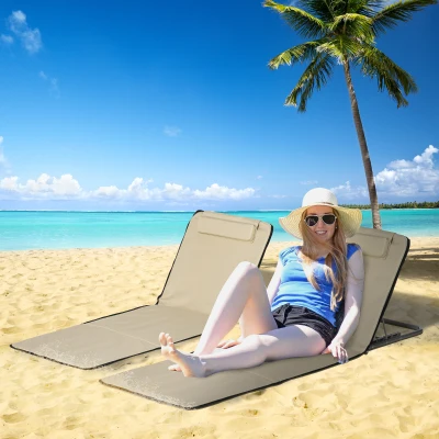 Outsunny Set of 2 Foldable Garden Beach Chair Mat - Lightweight Outdoor Sun Lounger Seats with Adjustable Back, Metal Frame, PE Fabric, Head Pillow, and Carry Bag, Beige