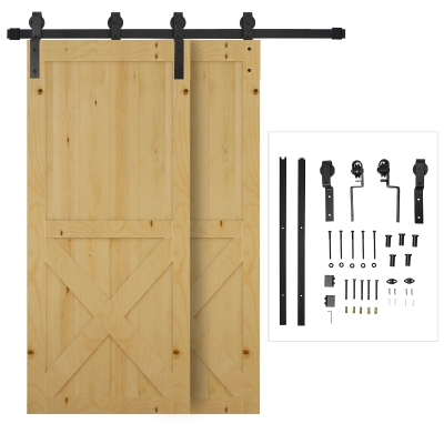 HOMCOM 200CM Carbon Steel Sliding Barn Door Kits Hardware Closet Set Track System for Double Wooden Door Industrial Wheel Style Roller