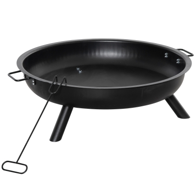 Outsunny Brasero Exterior 90x79,5x28 cm Cuenco de Fuego con Asas de Transporte Atizador 3 Pies y Marco de Acero para Hogueras Leñas Terraza Jardín al Aire Libre Negro