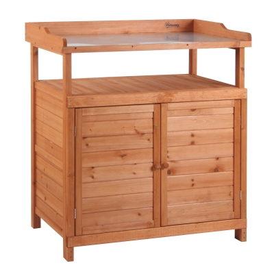 Outsunny Multi-function Potting Bench Table w/ Storage Cabinet and Galvanized Table Top