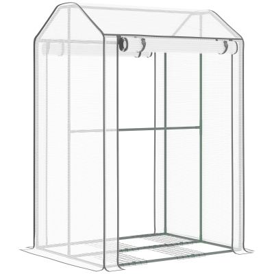 Outsunny Invernadero de Jardín Caseta de Terraza con 2 Puertas Enrollables 8 Ventilaciones y Marco de Metal para Cultivo Plantas Tomates 100x80x150 cm Transparente Blanco