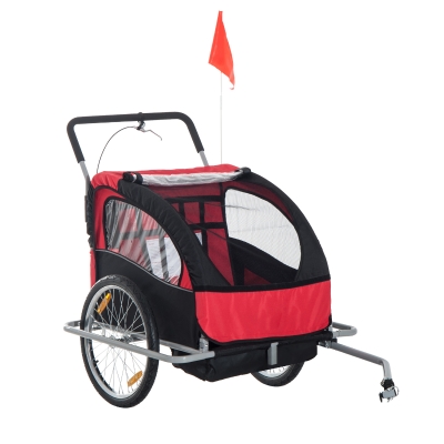 HOMCOM Collapsible Bike Trailer 2-Seater Child Stroller Baby Jogger with Pivot Wheel-Red