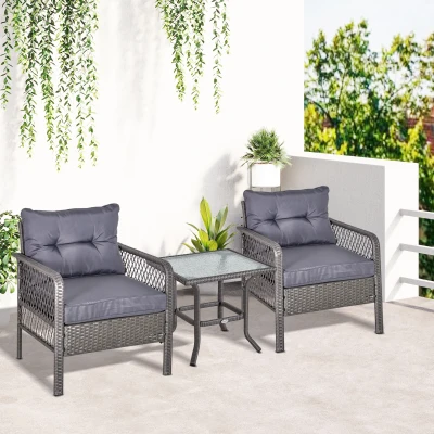 Outsunny Conjunto de móveis de rattan de jardim 3 peças  2 poltronas 65x66x75 cm e 1 mesa de vidro temperado 50x50x50 cm Cinza