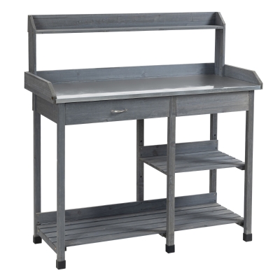 Outsunny Garden Potting Table Wooden Workstation w/ Metal Tabletop, Drawer, Shelves