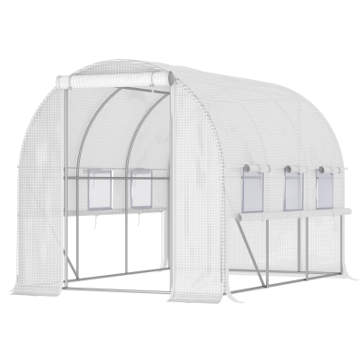 Outsunny Serra per Orto 2.95x2x2m in Acciaio e Copertura PE, Porte con Zip e Finestre a Rete, Bianca