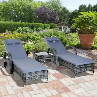 Outsunny Set 2 Lettini Sdraio e 1 Tavolino da Giardino, in Polyrattan, Grigio