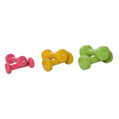HOMCOM Juego de 6 Mancuernas Hexagonales 3 Pares 1,5 kg 1 kg 0,5 kg con Revestimiento Mancuernas de Neoprenos con Maletín para Ejercicio Entrenamiento en Casa Gimnasio Multicolor