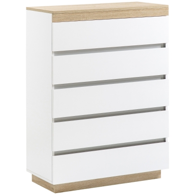 HOMCOM Kommode mit 5 Schubladen, Weiß+Eiche, 80 x 40 x 109 cm