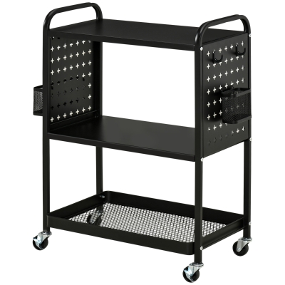 HOMCOM Rollwagen mit 3 Böden, Stahl, Schwarz, 70 x 33,4 x 80,5 cm