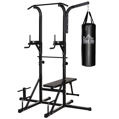 Homcom Power Tower con Panca e Sacco da Boxe da 20kg Stazione Multiuso in Acciaio Nero