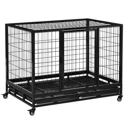 PawHut Jaula de Metal para Perros con Ruedas y Frenos Bandeja Extraíble y Puerta con Pestillo para Golden Retriver Labrador 109x76x87 cm Negro